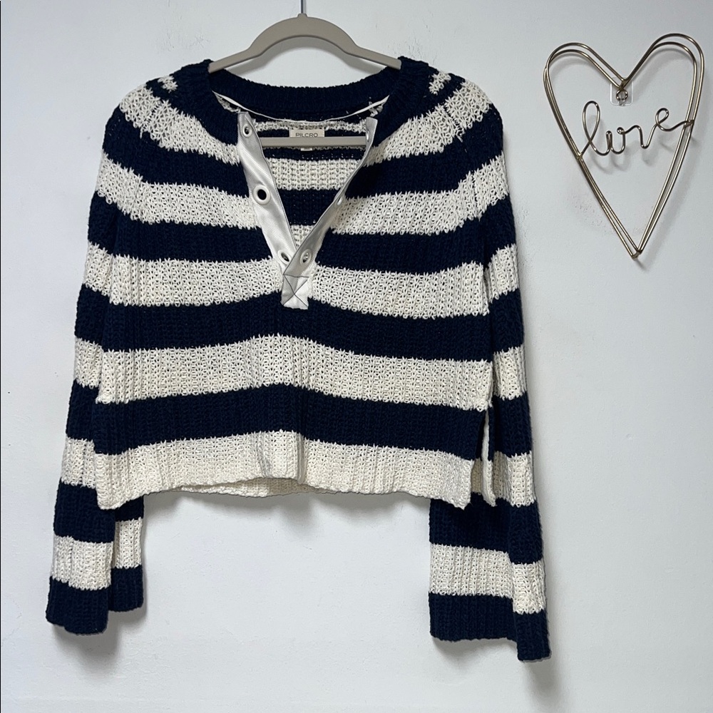 Anthropologie Pilcro Bell Sleeve Henley Navy Stripes nautical Sweater size S - Picture 4 of 9